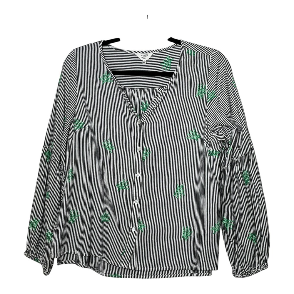 Crown & Ivy Petite PL Black White Striped Green Cactus Embroidered Cotton Blouse